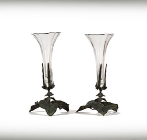 A Pair of Patinated Metal and Glass Trumpet Vases
