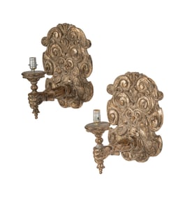 A Pair of Italian Silvered Wood Sconces