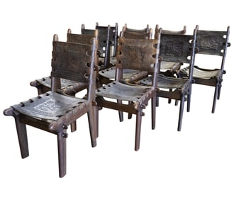 Ten Angel Pazmino Ecuadorian Tooled Leather Dining Chairs
