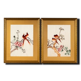 A Pair of Chinese Silk Embroidery Bird Panels