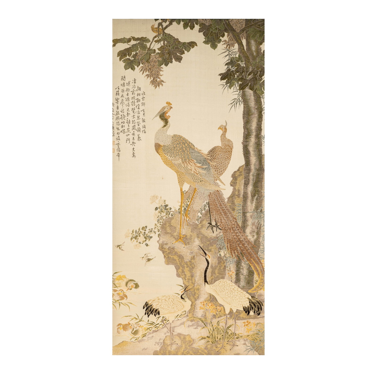 A Japanese Embroidered Textile: worked in silk Frame: 33 1/2 x 16 1/2 in. (85.1 x 41.9 cm.)