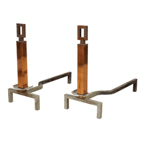 A Pair of Modernist Copper and Iron Andirons