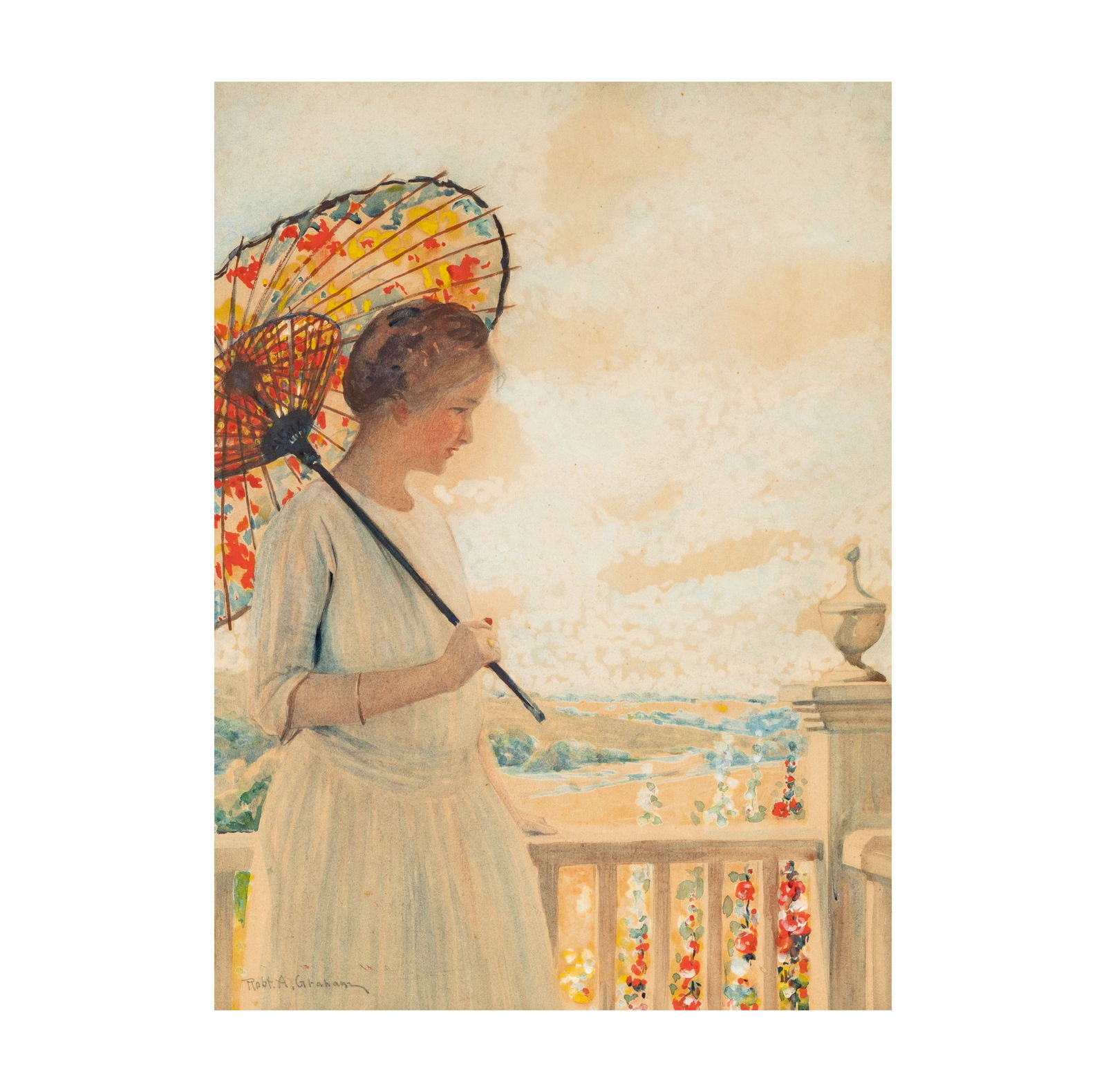 Robert Alexander Graham, American 1873-1946, Lady On Balcony: Robert Alexander Graham American 1873-1946 Lady On Balcony gouache on paper signed lower left, titled to gallery label verso 15 1/2 x 11 3/4 in. (39.4 x 29.8 cm.), Frame: 24 1/4 x 20 in. (61.6 x 50.8