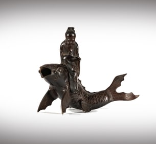 A Japanese Bronze FIgure of a Scholar on Koi Fish