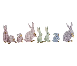 Eight Herend Fishnet Porcelain Rabbit Figures