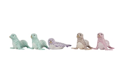 Five Herend Fishnet Porcelain Baby Seal Figures