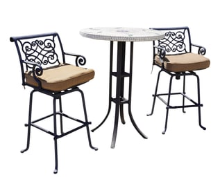 A Patio Hightop Table with Two Stools