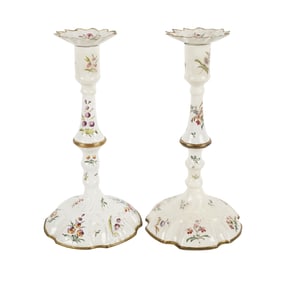 A Pair of Battersea Enamelware Candlesticks