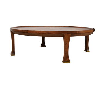 Michael Taylor for Baker: Sunburst Veneer Round Coffee Table: the rimmed top with inlaid brass border, on four legs with brass-capped feet; manufacturer's metal label to underside 16 x 51 in. (40.6 x 129.5 cm.) Notes: This item does not qualify for in-house ship