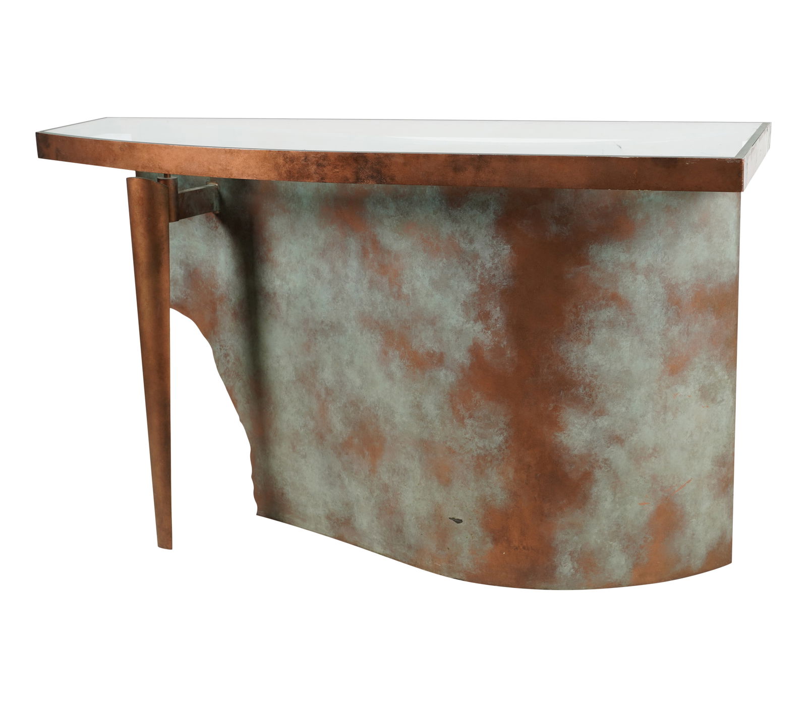 A. Soudavar for Mirak: Metal and Glass Console Table: contemporary; with asymmetrical top; unsigned 32 1/2 x 54 1/4 x 18 in. (82.6 x 137.8 x 45.7 cm.) Notes: This item does not qualify for in-house shipping. Please see our preferred shippers list for quo