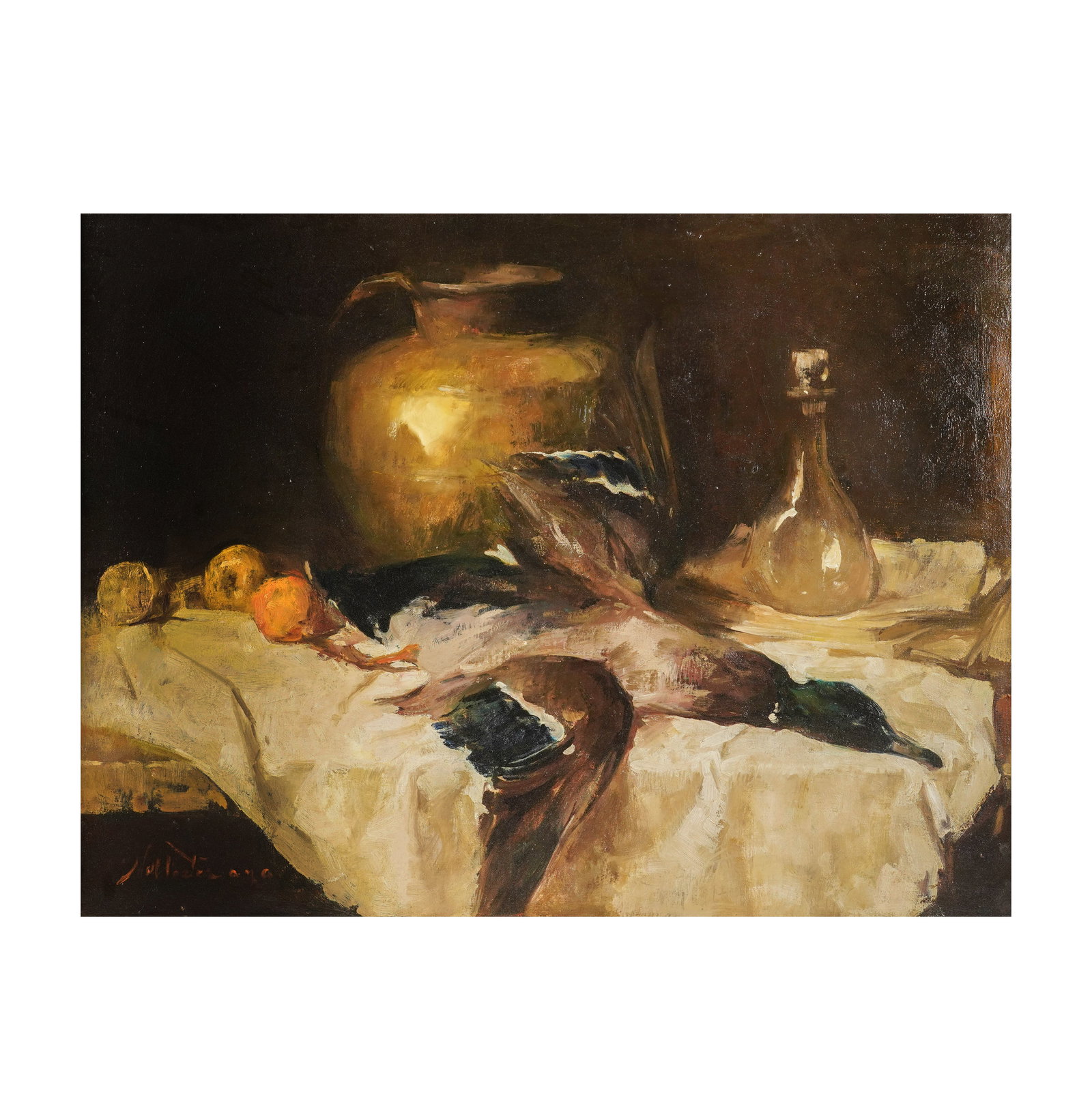 William Frederick Foster, American 1883-1953, Still Life with Mallard and Fruit: William Frederick Foster American 1883-1953 Still Life with Mallard and Fruit oil on canvas signed lower left "Will. Foster ANA" 30 1/2 x 40 in. (77.5 x 101.6 cm.), Frame: 34 1/2 x 44 1/2 in. (87.6 x