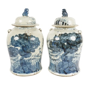 A Pair of Blue and White Chinese Covered Jars