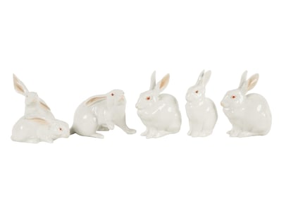 A Group of Herend White-Glazed Porcelain Rabbit Figures