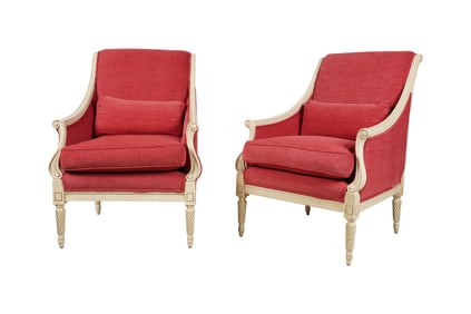 A Pair of Red Upholstered Bergeres