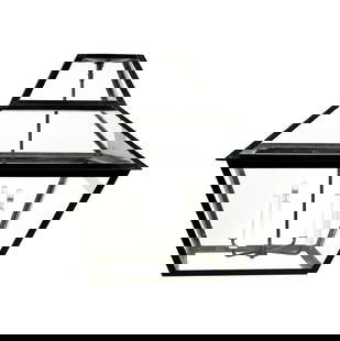 A Contemporary Black Metal and Glass Ceiling Light Fixture: maker unknown 28 x 27 1/4 x 27 1/4 in. (71.1 x 69.2 x 69.2 cm.) Notes: This item does not qualify for in-house shipping. Please see our preferred shippers list for quotes or arrange for local pickup.