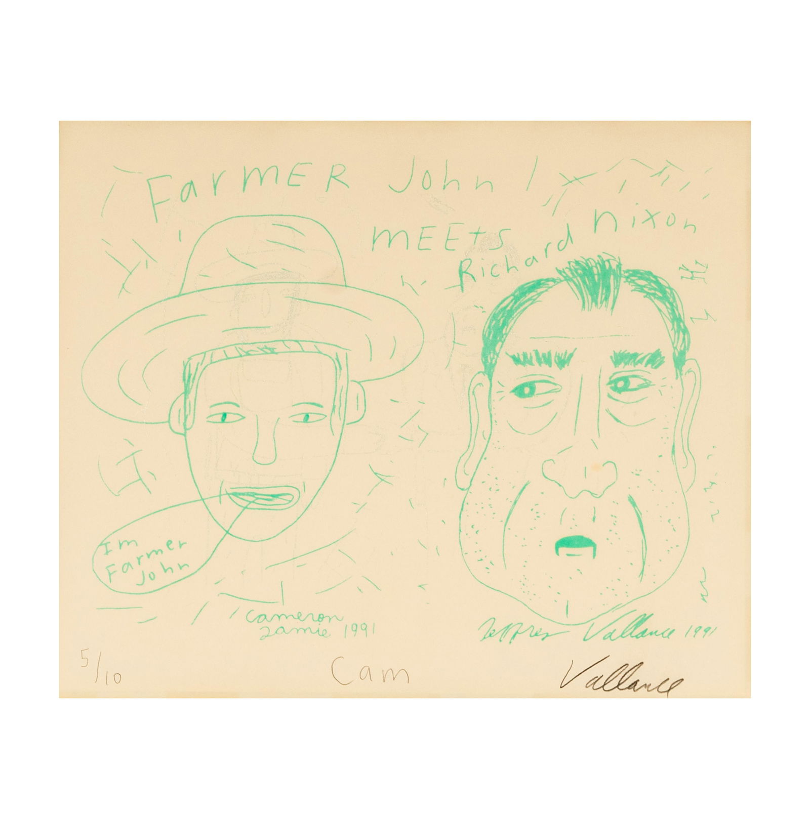 Jeffrey Vallance and Cameron Jamie, Farmer John Meets Nixon: Jeffrey Vallance and Cameron Jamie Farmer John Meets Nixon silkscreen on paper 1991; ed. 5/10; hand-signed, dated and numbered Sheet: 10 x 12 in. (25.4 x 30.5 cm.), Frame: 14 3/4 x 16 3/4 in. (37.5 x