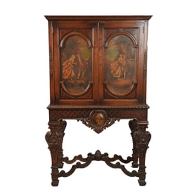 A Carved and Painted Walnut Cabinet on Stand