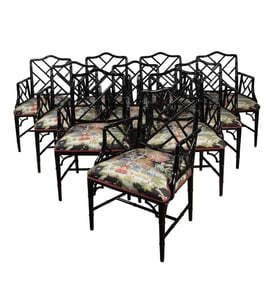 A Set of Ten Ebonized Faux Bamboo Armchairs