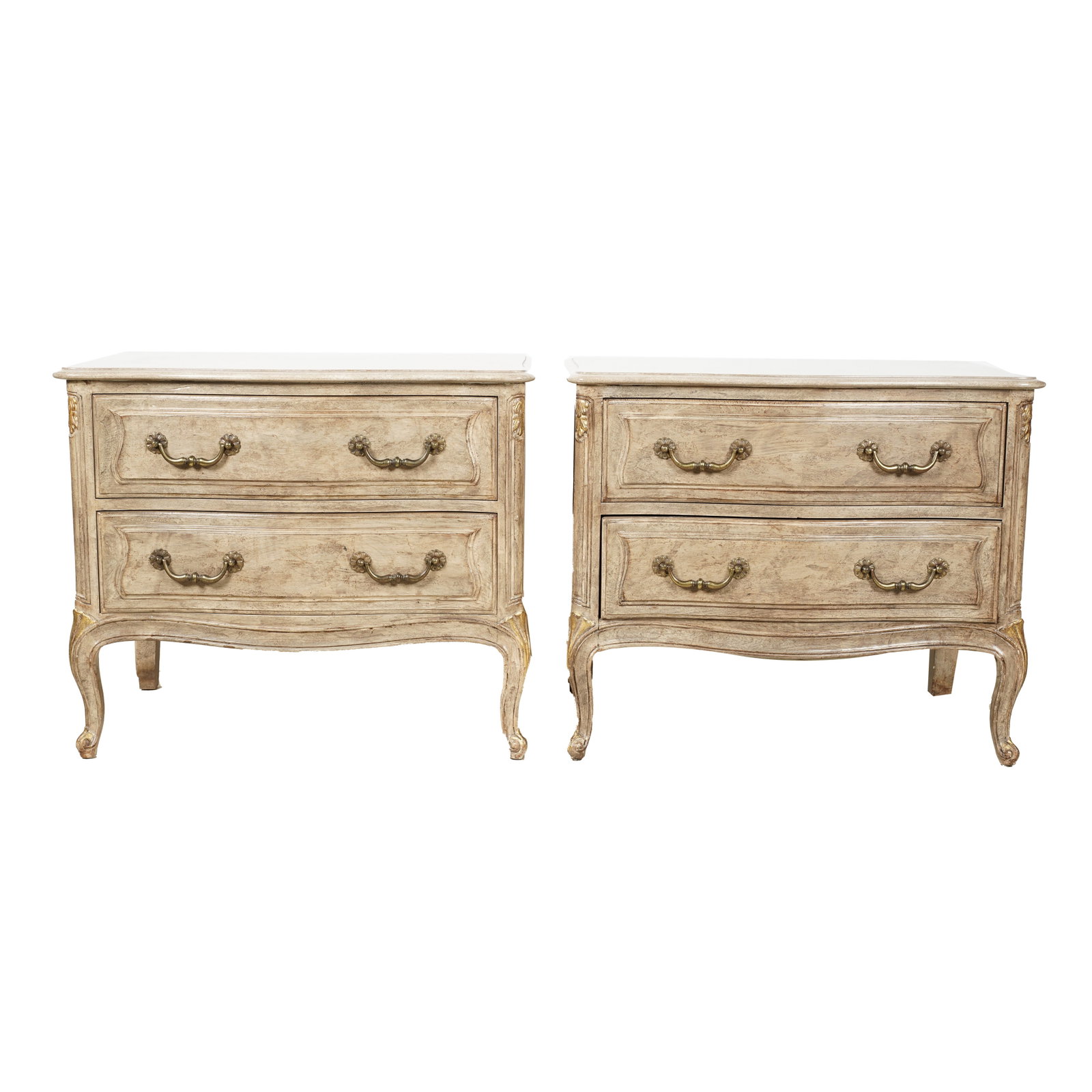 A Pair of Louis XV-Style Nightstands: each with manufactured stone top over two drawers 25 x 29 1/2 x 20 1/2 in. (63.5 x 74.9 x 52.1 cm.) Notes: This item does not qualify for in-house shipping. Please see our preferred shippers list for 