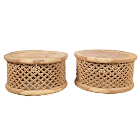 Pair of Rustic Wooden Round Low Tables