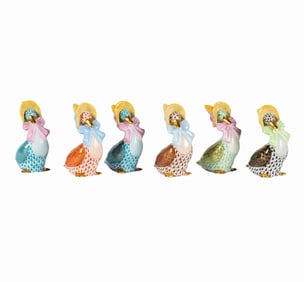 Six Herend Fishnet Porcelain Goose Figures