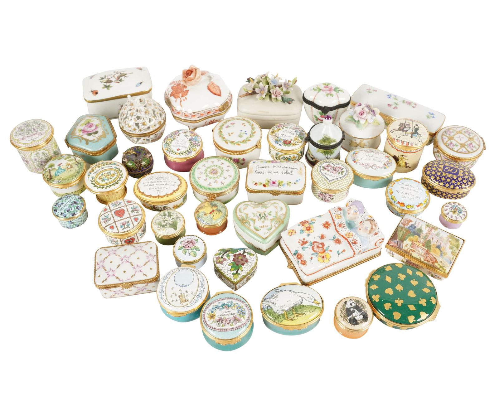 A Group of Pill Boxes: Ranging from 1 1/4 in. (1.9 x 3.2 cm.) to: 1 3/4 x 4 3/8 x 2 in. (4.4 x 11.1 x 5.1 cm.) [41 pieces]