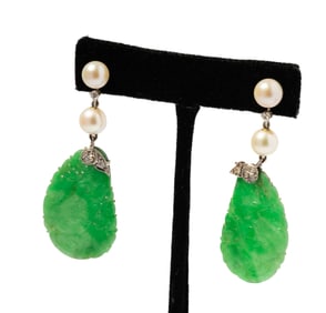 Janis Paige: 14 Karat White Gold, Jade, Diamond and Pearl Earrings
