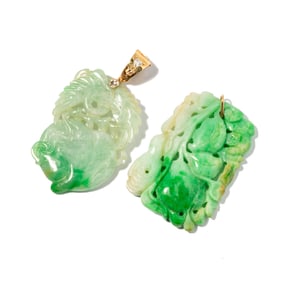 Janis Paige: Two 14 Karat Yellow Gold, Diamond and Jade Pendants