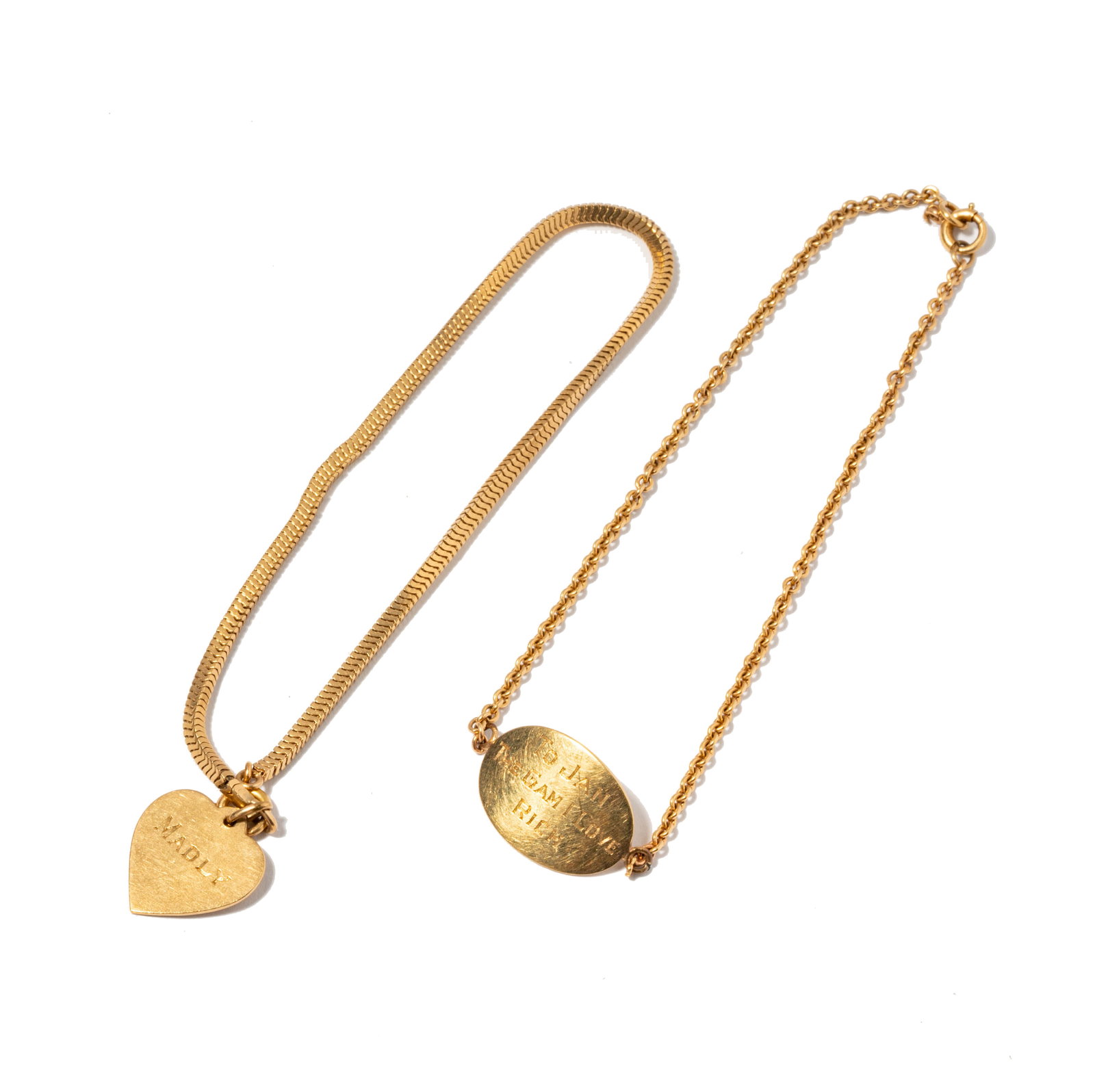 Janis Paige: Two 14 Karat Yellow Gold Charm Bracelets: snake chain bracelet gifted by Bob Hope measuring 7-1/2 inches long by 2.02mm wide with attached heart pendant engraved 'Bob Loves Janis' 'Madly'; another measuring 7-7/8 inches long with engraved pan