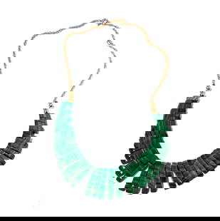 Janis Paige: 14 Karat Yellow Gold Malachite Necklace: graduated bib necklace, at widest point measuring 28.28mm; necklace measuring 15-3/4 inches long; Provenance: The Estate of Janis Paige, Bel Air CA,