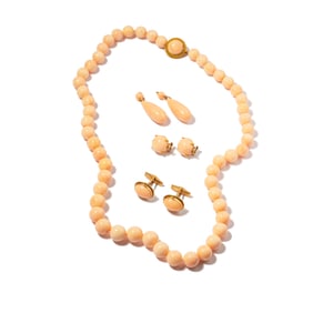 Janis Paige: Yellow Gold Coral Necklace, Earrings and Cufflinks