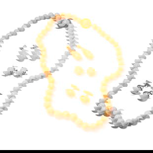Janis Paige: Yellow Gold Coral Necklace, Earrings and Cufflinks: including one 18 karat yellow gold clasp slightly graduated coral necklace measuring 25-1/2 inches long set with coral beads measuring 10.65-13.45mm; along with two pairs of 18 karat yellow and white