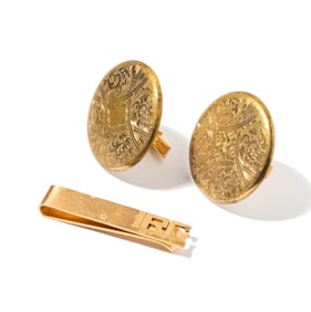 Janis Paige: 14 Karat Yellow Gold Cuff Links and Tie Clip