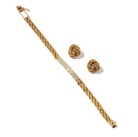Janis Paige: 14 Karat Yellow Gold and Diamond Rope Earrings and Bracelet