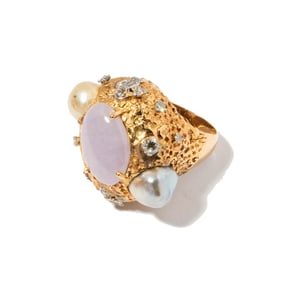 Janis Paige: 14 Karat Yellow Gold, Pearl, Diamond and Lavender Jade Ring