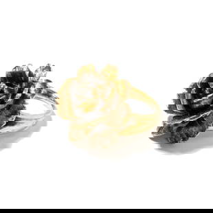 Janis Paige: 14 Karat Yellow Gold Diamond Rose Ring: set with one full-cut diamond[H/SI] weighing approximately .15 carats; ring size: 3-3/4, weighing 24.9 grams; Provenance: The Estate of Janis Paige, Bel Air CA,