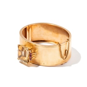 Janis Paige: 14 Karat Yellow Gold, Citrine and Ruby Hinged Bangle
