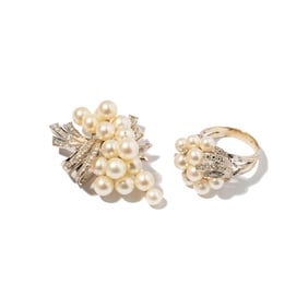 Janis Paige: 14 Karat White Gold, Diamond and Pearl Brooch/Pendant With Ring