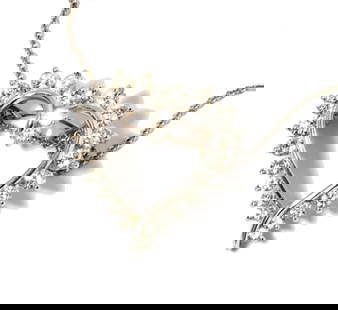 Janis Paige: Cartier Platinum, Diamond Heart Brooch/Pendant: set with 24 small round full-cut diamonds[G-I/SI2] weighing approximately 1.50 carats; 14 karat white gold chain measuring 16 inches long, necklace weighing 9.3 grams; Provenance: The Estate of Janis
