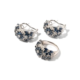 Janis Paige: 18 Karat White Gold, Diamond and Sapphire Flower Earrings with Ring