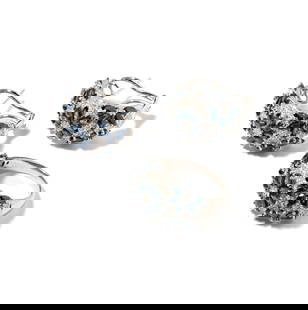 Janis Paige: 18 Karat White Gold, Diamond and Sapphire Flower Earrings with Ring: set with 159 small round diamonds[H/SI] weighing approximately 1.85 carats along with 82 marquise sapphires weighing approximately 11 carats; earrings measuring 23.72x12.96mm, ring size: 9-1/4,