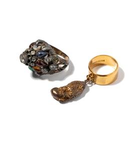 Janis Paige: Gem-set Cluster Ring with, One 18 Karat Gold Band and Silver Ingot Ring