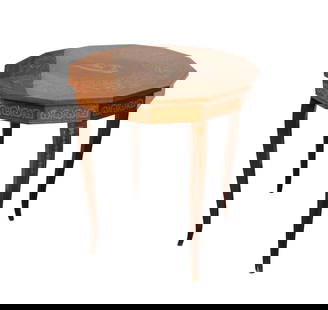 Janis Paige: An Italian Marquetry Side Table: hinged top revealing music box 19 x 20 in. (48.3 x 50.8 cm.) Provenance: The Estate of Janis Paige, Bel Air CANotes: This item does not qualify for in-house shipping. Please see our preferred