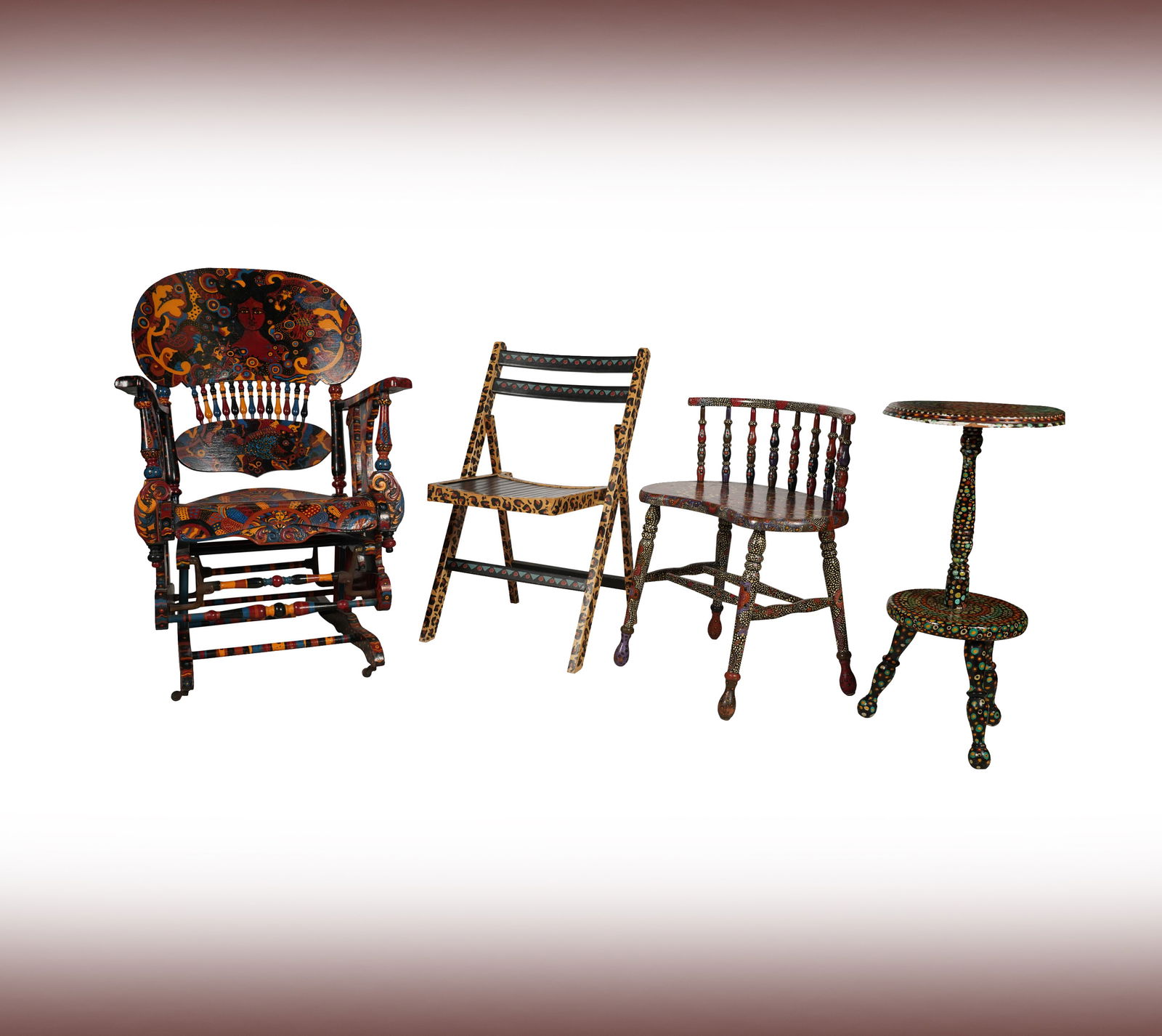 Janis Paige: A Suite of Hand-Painted Furniture: comprising a rocking chair (38 1/2 x 27 x 28 in.), a side chair, a folding chair, and a round side table [4 pieces] Provenance: The Estate of Janis Paige, Bel Air CA