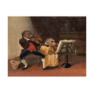 Alexandre-Gabriel Decamps, 1803-1860, Monkey Musicians: Alexandre-Gabriel Decamps French 1803-1860 Monkey Musicians oil on wood panel framed with carved giltwood 7 1/2 x 9 1/2 in. (19.1 x 24.1 cm.), Frame: 14 1/2 x 16 1/4 in. (36.8 x 41.3 cm.) Provenance: