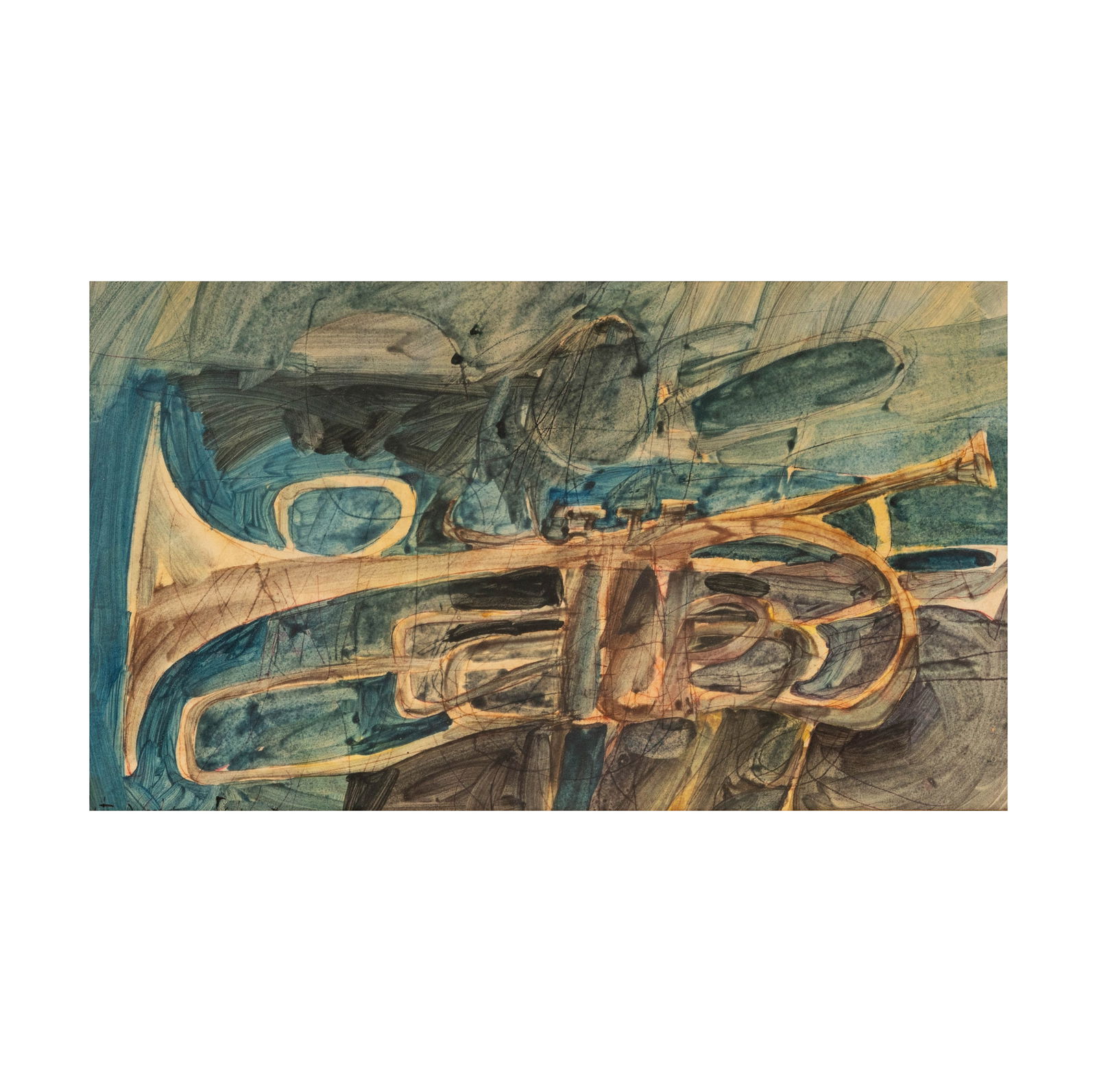 Janis Paige: Robert Andrew Parker, American 1927-2024, Trumpets: Robert Andrew Parker American 1927-2024 Trumpets watercolor on paper signed lower left Sight: 12 1/4 x 21 3/4 in. (31.1 x 55.2 cm.), Frame: 19 1/2 x 29 1/2 in. (49.5 x 74.9 cm.) Provenance: The Estate