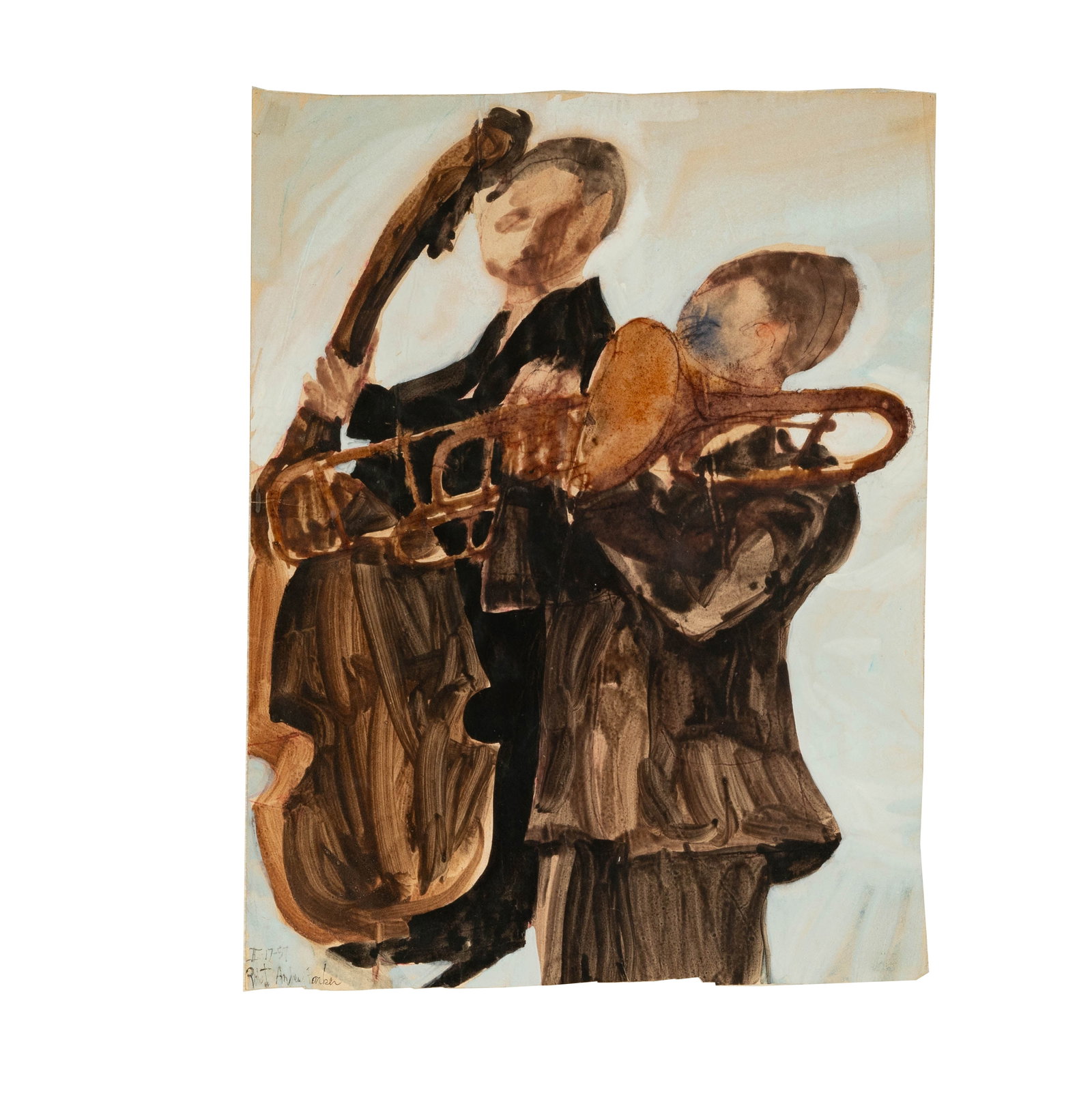 Janis Paige: Robert Andrew Parker, American, 1927-2024, Two Musicians: Robert Andrew Parker American 1927-2024 Two Musicians mixed media/watercolor 1957, signed and dated lower left Sheet: 22.5 22 1/2 x 17 in. (57.2 x 43.2 cm.), Frame: 30 3/4 x 24 3/4 in. (78.1 x 62.9 cm