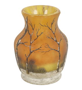 A Daum Nancy Scenic Enameled Glass Cabinet Vase: signed to underside "Daum Nancy" and with croix de Lorraine 2 3/4 in. (7 cm.) high Provenance: The Estate of Amalia Wechselmann, Beverly Hills, CA