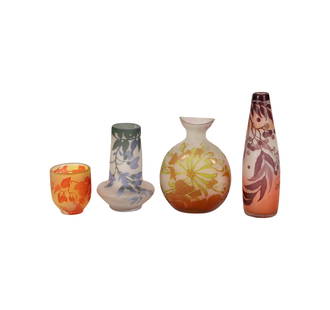 Four Emile Galle Cameo Glass Cabinet Vases: each signed in cameo 2 1/2 in. high, 5 in. high, 5 1/4 in. high, and 7 in. high [4 pieces] Provenance: The Estate of Amalia Wechselmann, Beverly Hills, CA