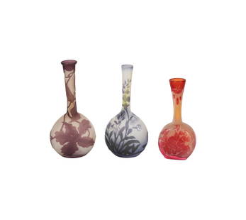 Three Emile Galle Cameo Glass Cabinet Vases: each bottle-form; each signed in cameo 5 1/2 in high, 6 1/2 in. high, and 6 3/4 in. high [3 pieces] Provenance: The Estate of Amalia Wechselmann, Beverly Hills, CA